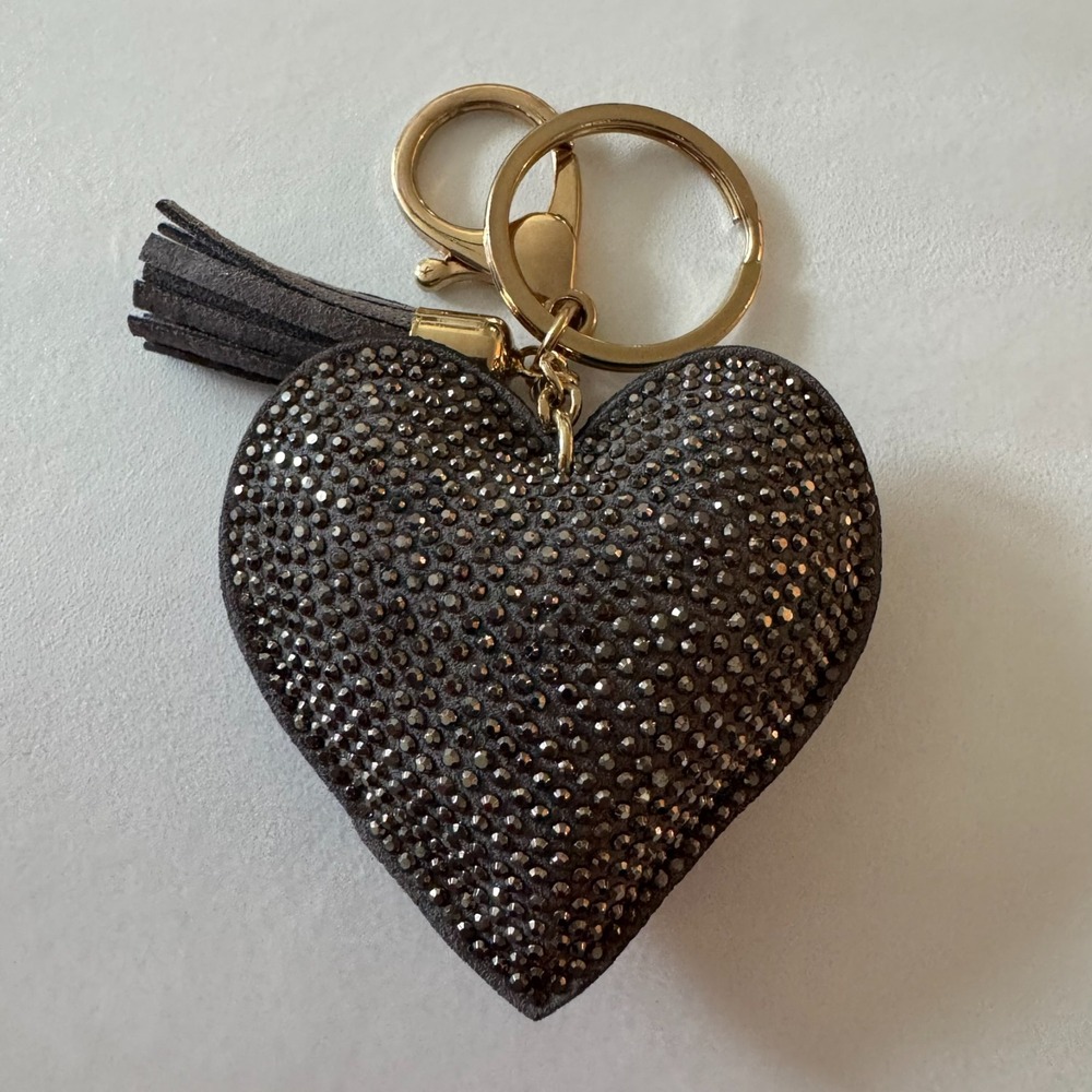 Gray Rhinestone Heart Keychain Key Ring Puse Fob Charm with Tassel